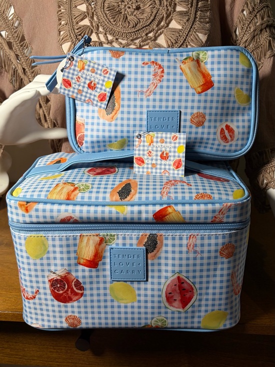 Tender Love + Carry Handbags - SET of Tender Love + Carry Blue Gingham Cosmetic Travel Pouch